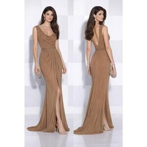 $650 Coffee Brown Beaded Waist Evening Gown Modern V-Back  Luxe Designer sz 6